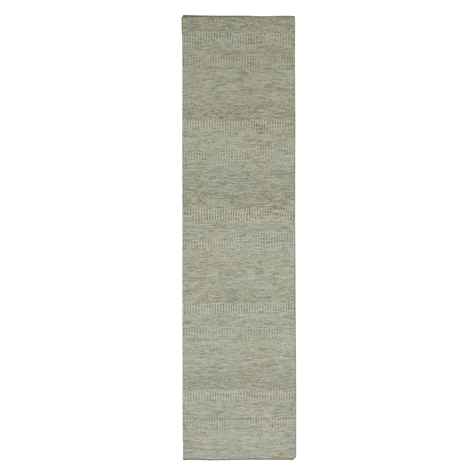 2'7"x10'1" Incredible White, Hand Knotted Organic Sustainable Textile and Modern Grass Design, Soft Shiny Wool, Tone on Tone, Runner Oriental Rug 
